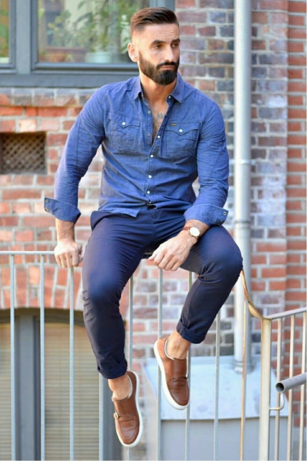 blue shirt blue chinos