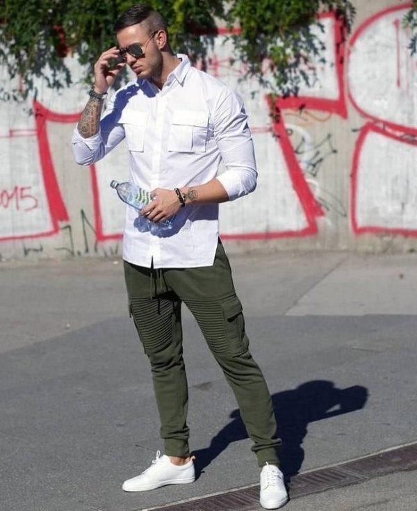 white shirt and green chinos