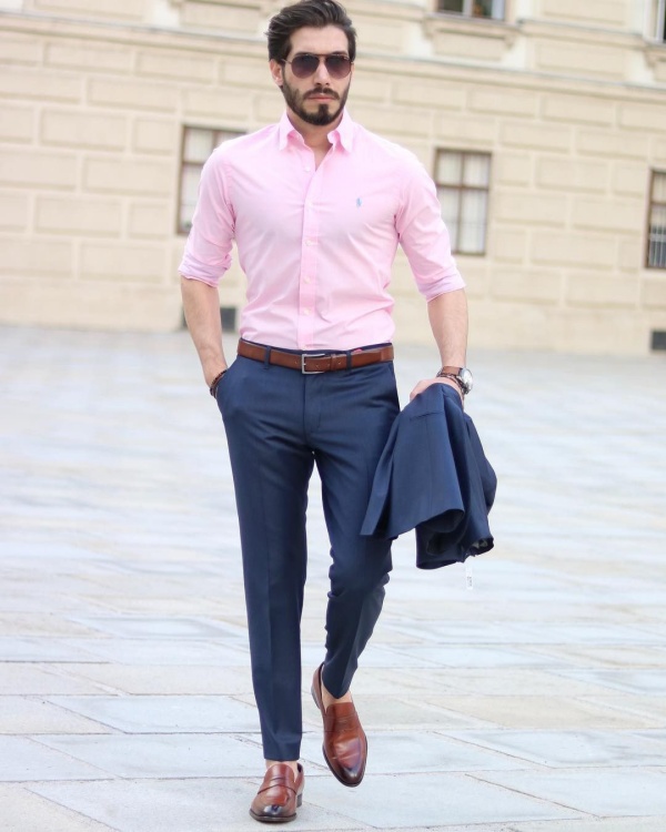 blue chinos pink shirt